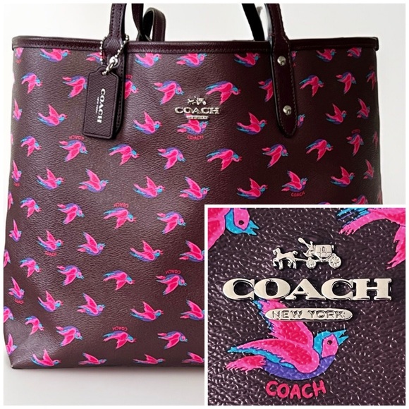 Coach Handbags - Coach Large City Reversible Tote Happy Birds and Burgundy / Oxblood Bag